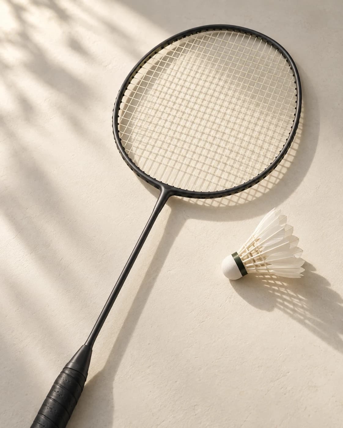 A charcoal badminton racket and feather shuttlecock on a warm ivory surface